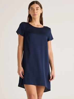 NWT Quince Washable Stretch Silk Tee Dress Navy